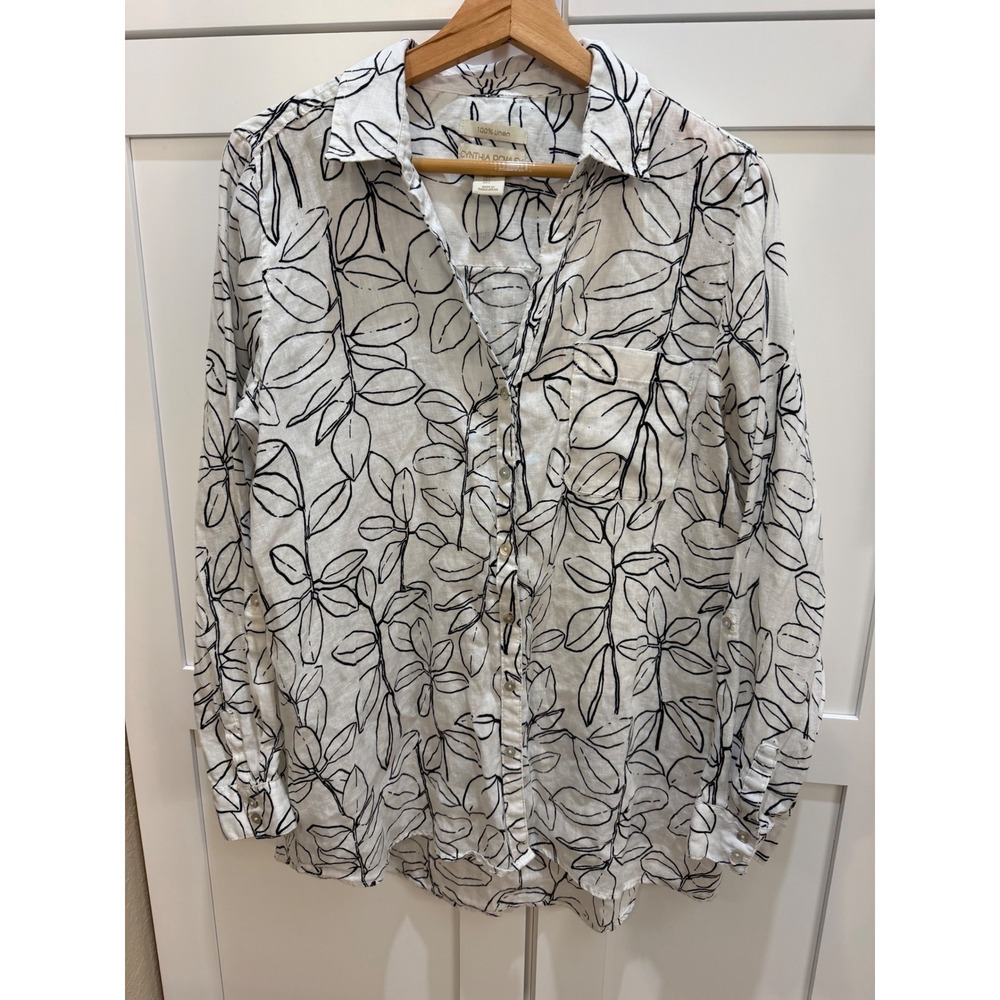 Cynthia Rowley Womens Large White Black Linen Leaf Print Roll Tab Button Down